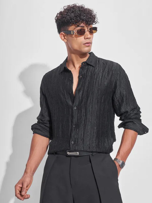 Men Black Self Design Oversized Fit Casual Shirt