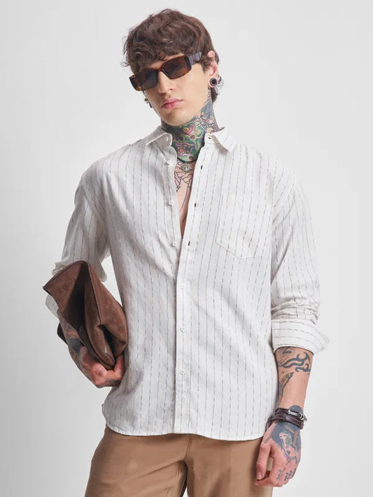 Men Cream Striped Relaxed Fit Casual Shirt