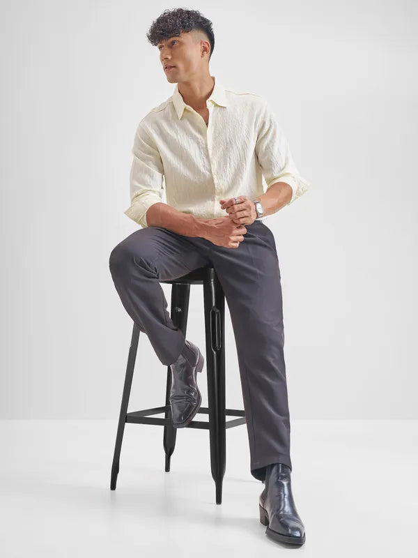 Men Cream Self Design Relaxed Fit Casual Shirt