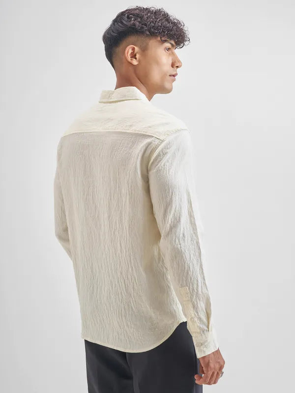 Men Cream Self Design Relaxed Fit Casual Shirt
