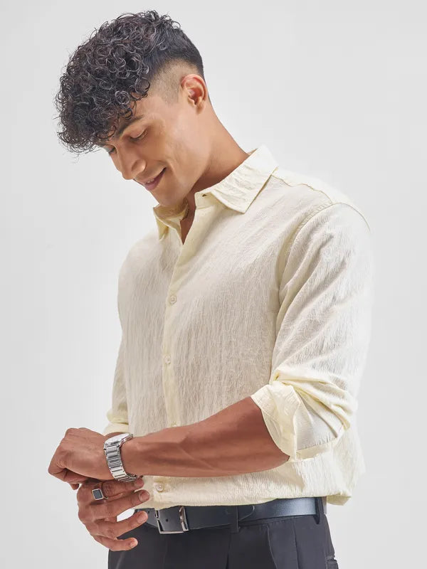 Men Cream Self Design Relaxed Fit Casual Shirt
