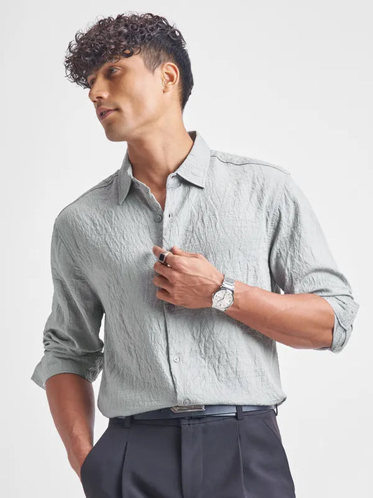 Grey Self Design Relaxed Fit Casual Shirt