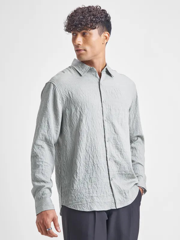 Grey Self Design Relaxed Fit Casual Shirt