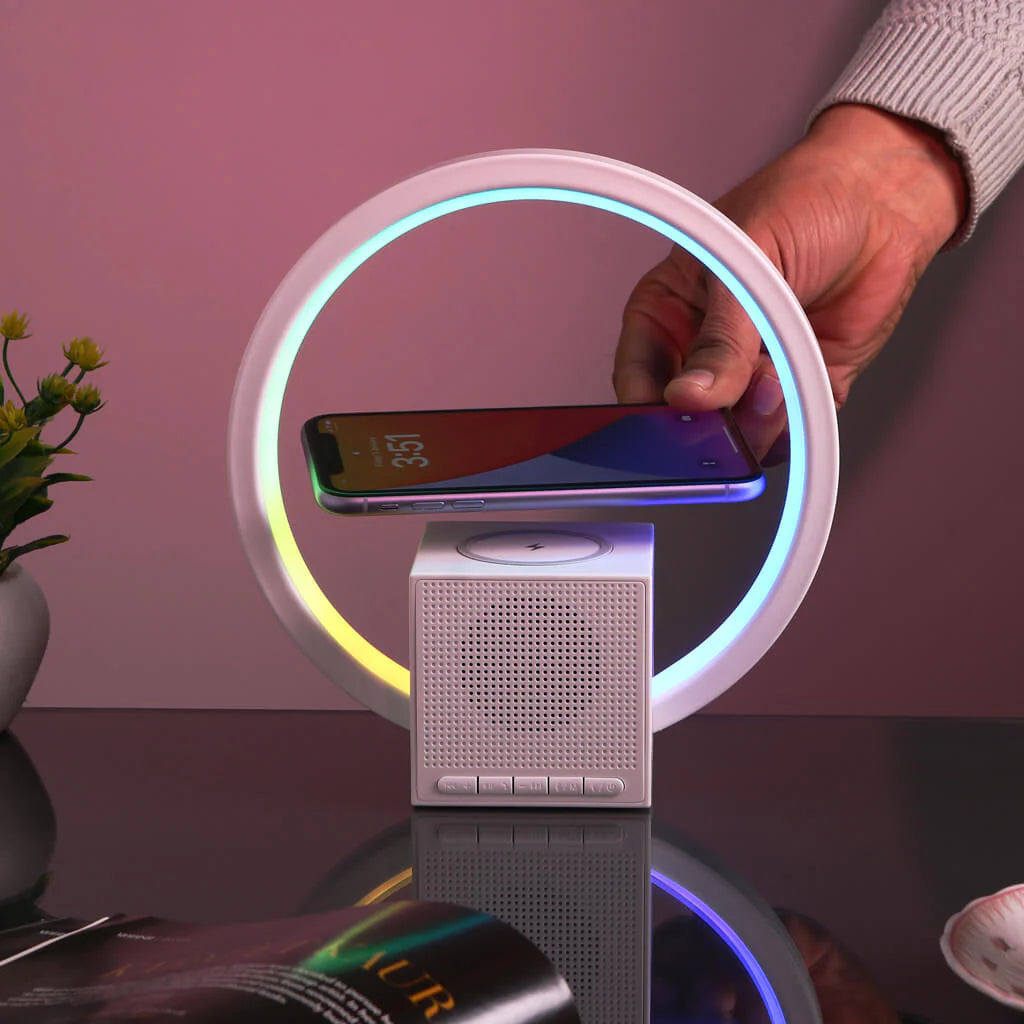 Wireless Charging Aura LED Lamp with High-Quality Speaker for Desk, Bedroom, and Living Room
