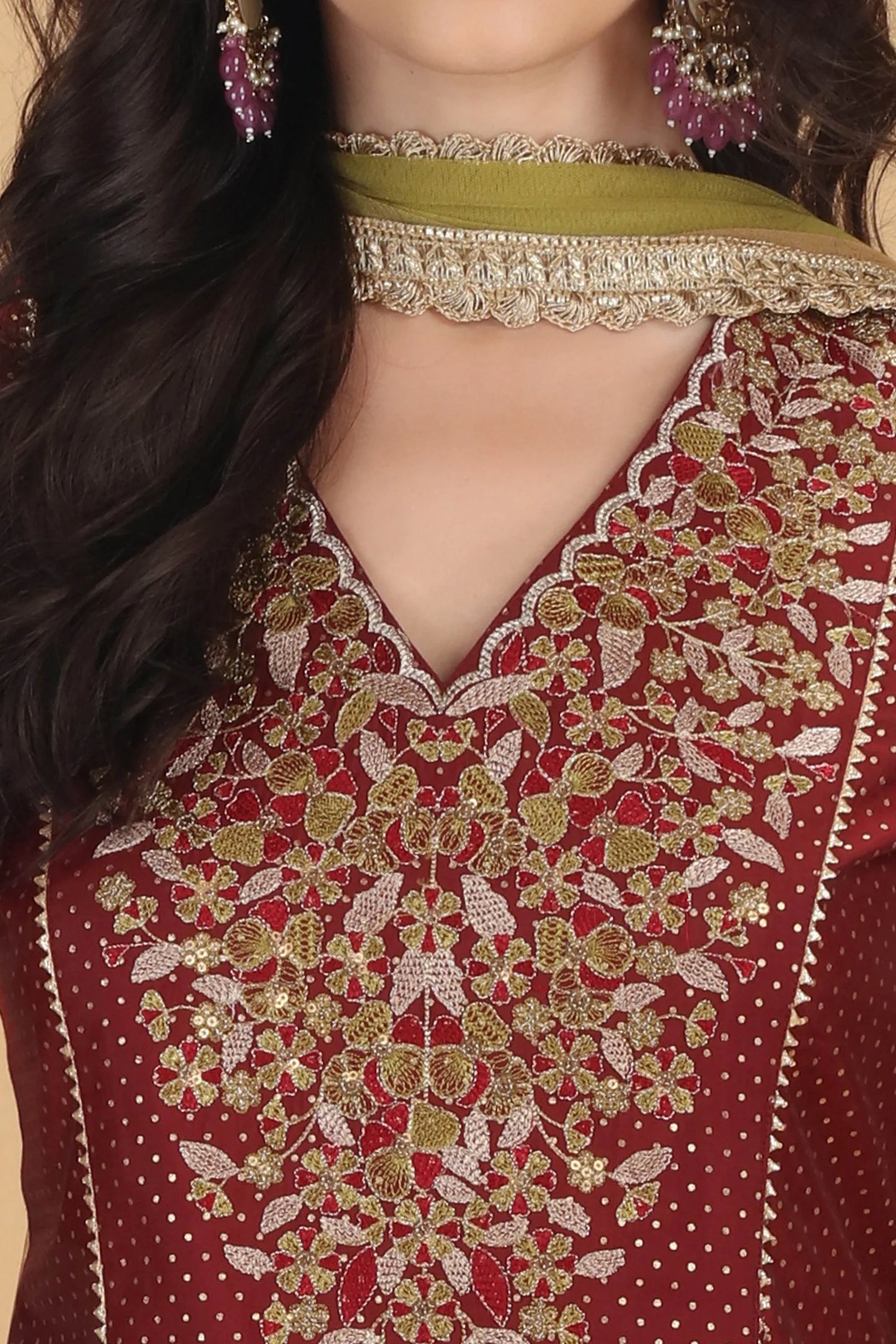 Sophisticated Maroon Roman Silk Kurta Set Featuring Detailed Embroidery on A-Line Silhouette, Matching Palazzo, and Soft Dupatta for Traditional and Contemporary Occasions