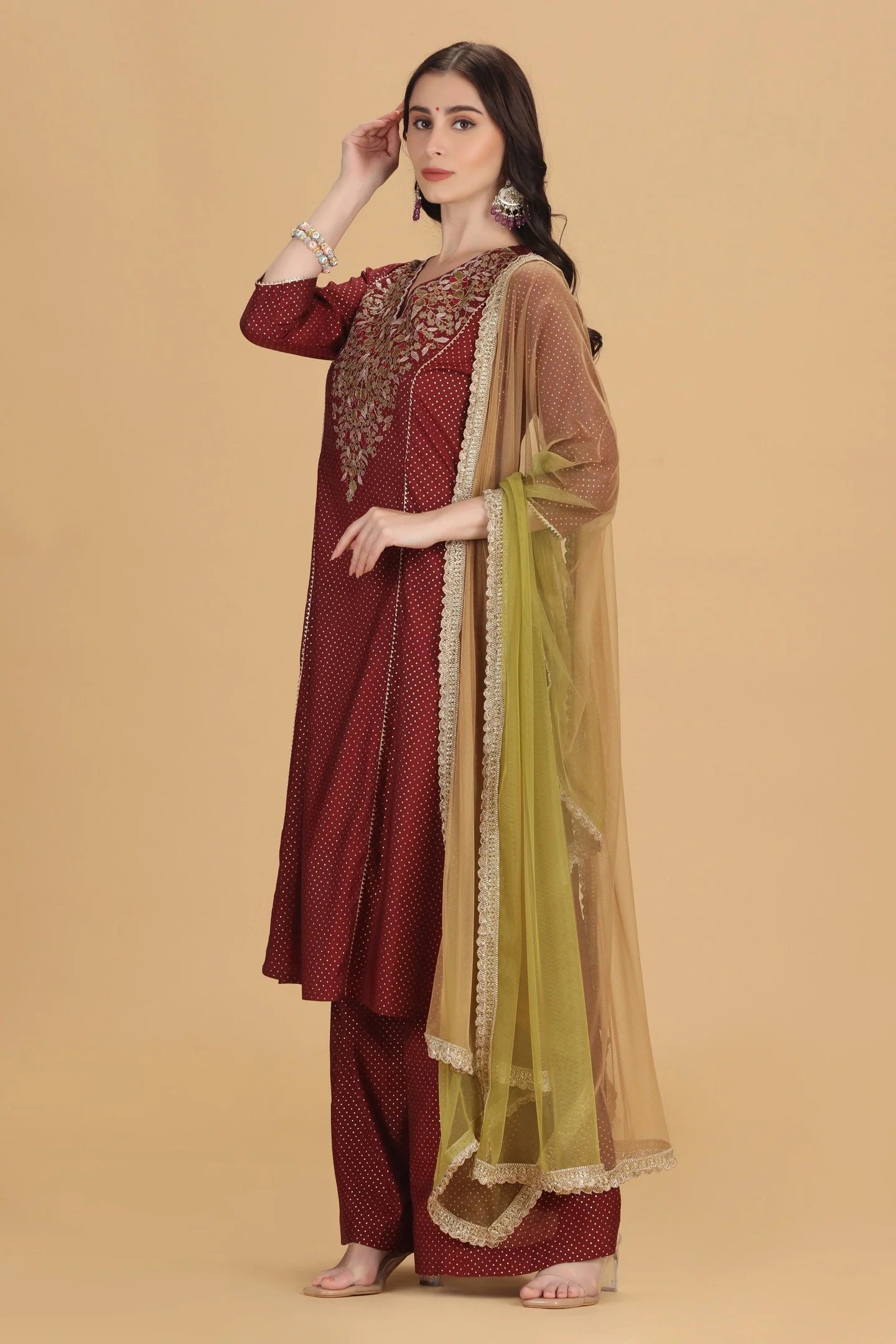 Sophisticated Maroon Roman Silk Kurta Set Featuring Detailed Embroidery on A-Line Silhouette, Matching Palazzo, and Soft Dupatta for Traditional and Contemporary Occasions