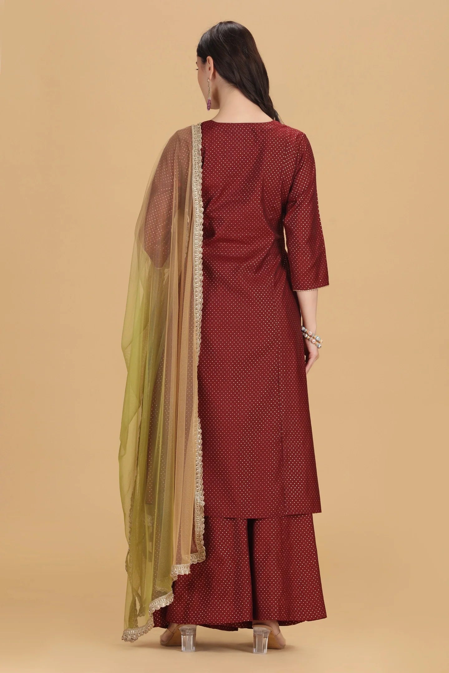 Sophisticated Maroon Roman Silk Kurta Set Featuring Detailed Embroidery on A-Line Silhouette, Matching Palazzo, and Soft Dupatta for Traditional and Contemporary Occasions