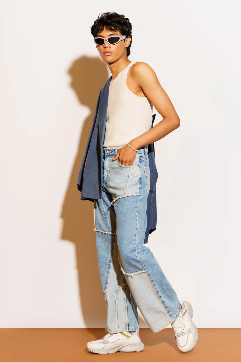 Stylish Blue Frayed Panel Straight Denim Pants for Men