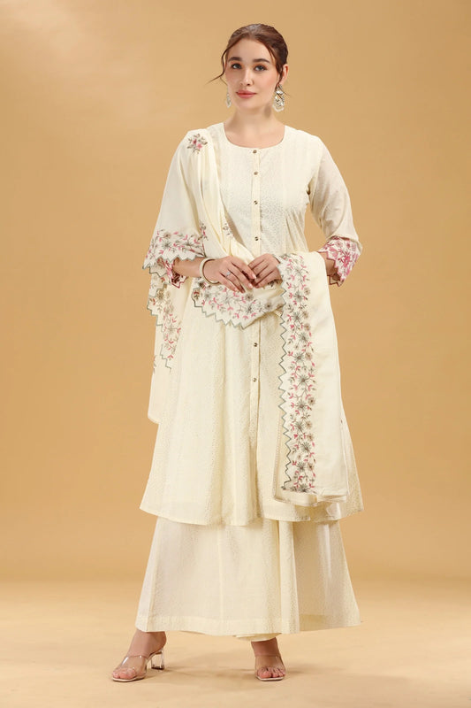 Off White Cambric Cotton Kurta Set with Palazzo and Dupatta for Festive Wear