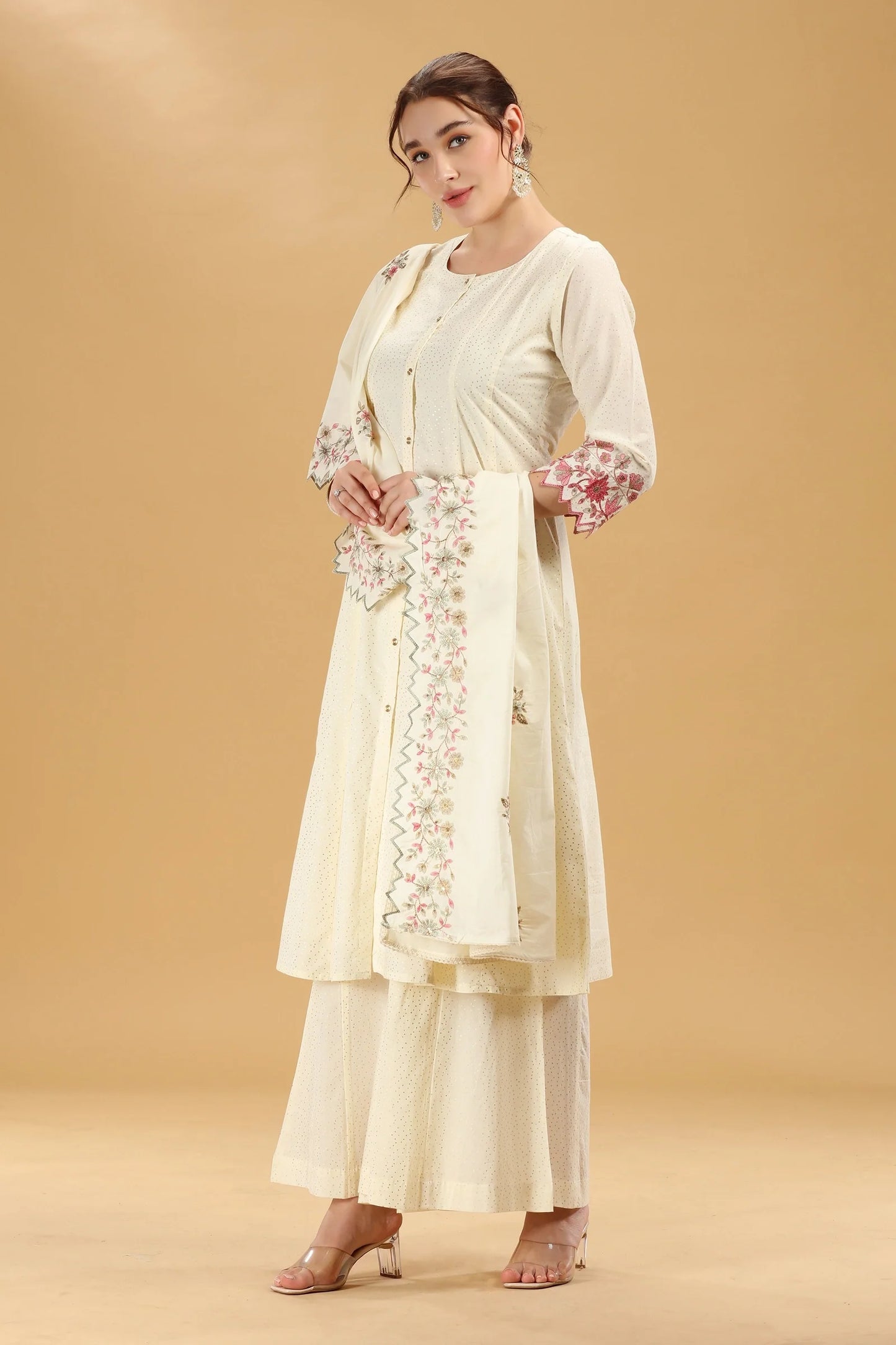 Off White Cambric Cotton Kurta Set with Palazzo and Dupatta for Festive Wear