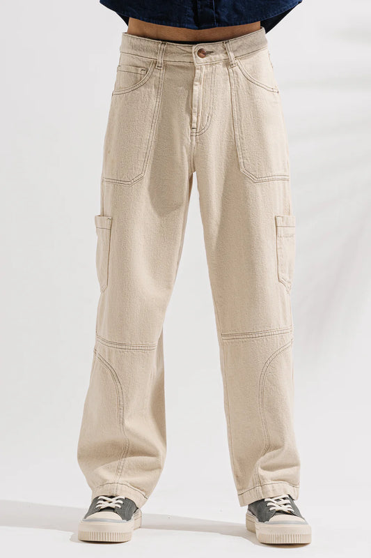 Men’s Ecru Contrast Baggy Straight Cargo Jeans