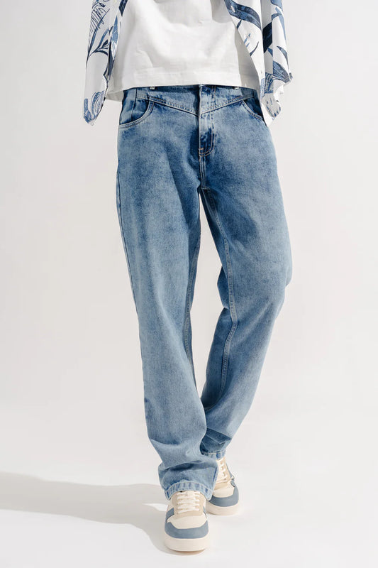 Light Blue Regular Straight Fit Fish Cut Jeans for Men