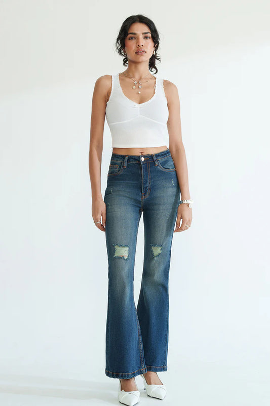 Fashionable Retro Blue Bootcut Jeans for Women Offering Classic Denim Design, Soft Stretchable Fabric, and Chic Vintage-Inspired Look