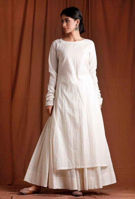 Ethically Sourced Cotton Kurta in a Creamy Off-White Shade, Showcasing a Long Length and Flowy Full Sleeves