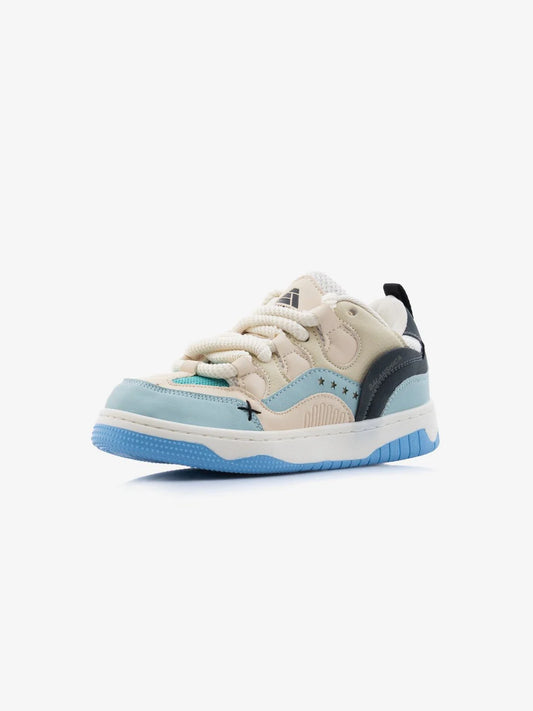White & Blue Thick-Lace Flat Sole Sneakers