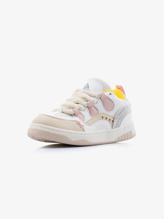 White & Pink Thick-Lace Flat Sole Sneakers