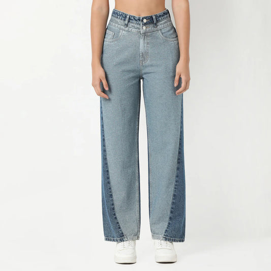 Women’s Two-Tone Straight Fit Denim Jeans Featuring Contrasting Color Design, Comfortable Fit, and Effortless Everyday Casual Style