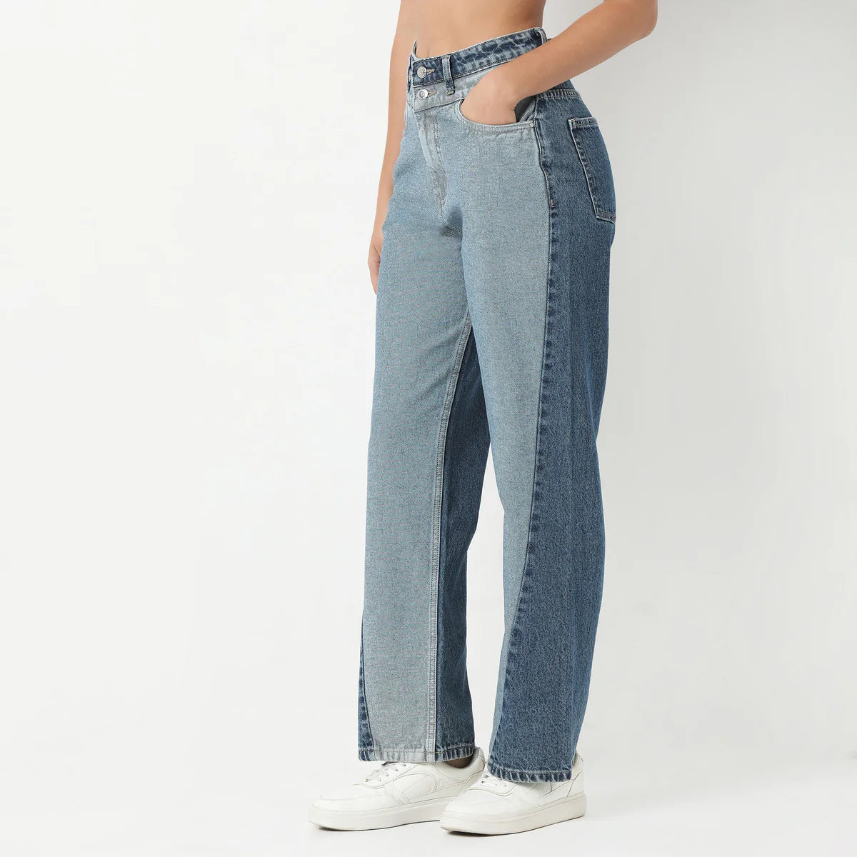 Women’s Two-Tone Straight Fit Denim Jeans Featuring Contrasting Color Design, Comfortable Fit, and Effortless Everyday Casual Style