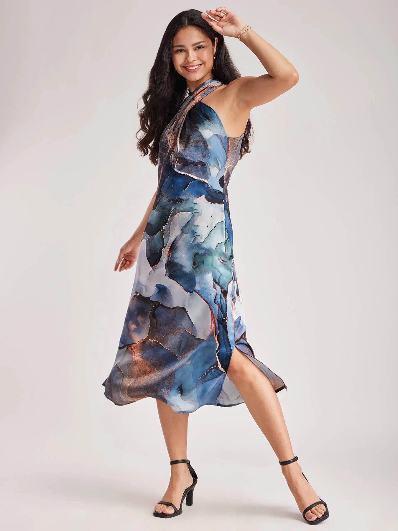 Stylish Blue Satin Marble Print Dress with Glossy Fabric, Modern Charm, and Graceful Movement for Seasonal Wardrobes