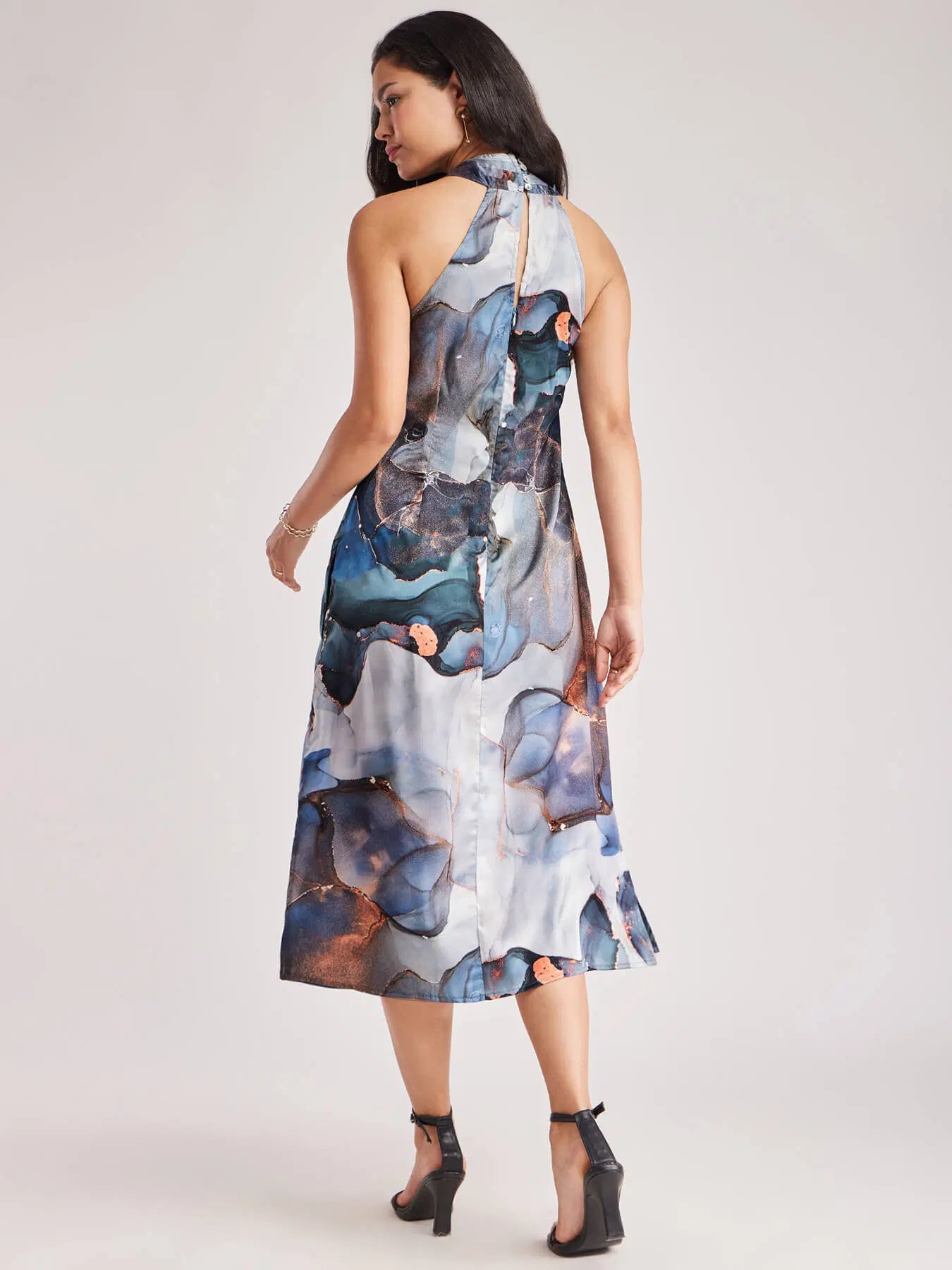Stylish Blue Satin Marble Print Dress with Glossy Fabric, Modern Charm, and Graceful Movement for Seasonal Wardrobes