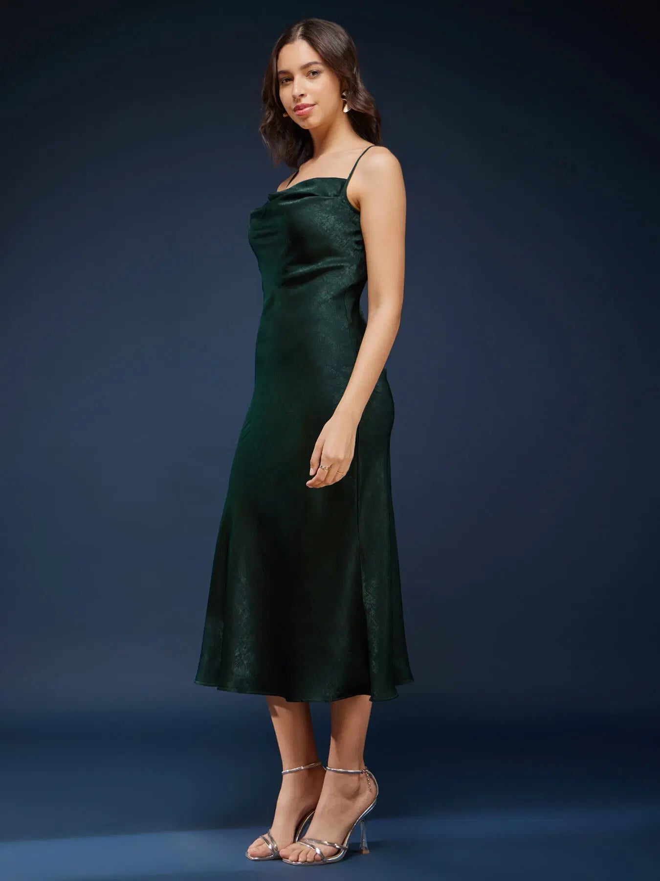 Chic Satin Cowl Neck Slip Dress in Olive Featuring Sleek Finish, Flattering Drape, and Contemporary Design Perfect for Parties and Celebrations