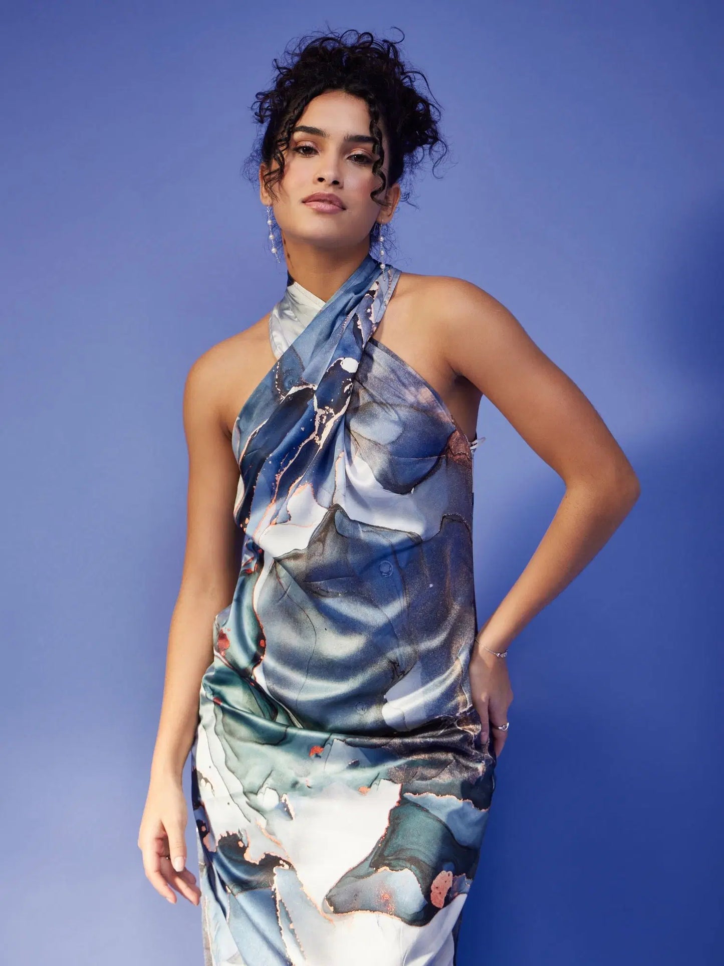 Stylish Blue Satin Marble Print Dress with Glossy Fabric, Modern Charm, and Graceful Movement for Seasonal Wardrobes