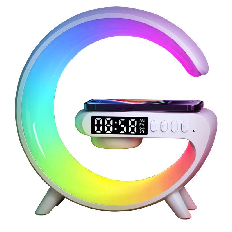 RGB G-Shaped Mood Lamp with Wireless Charger, Bluetooth Speaker, Alarm Clock, and LED Desk Lighting for Home and Office